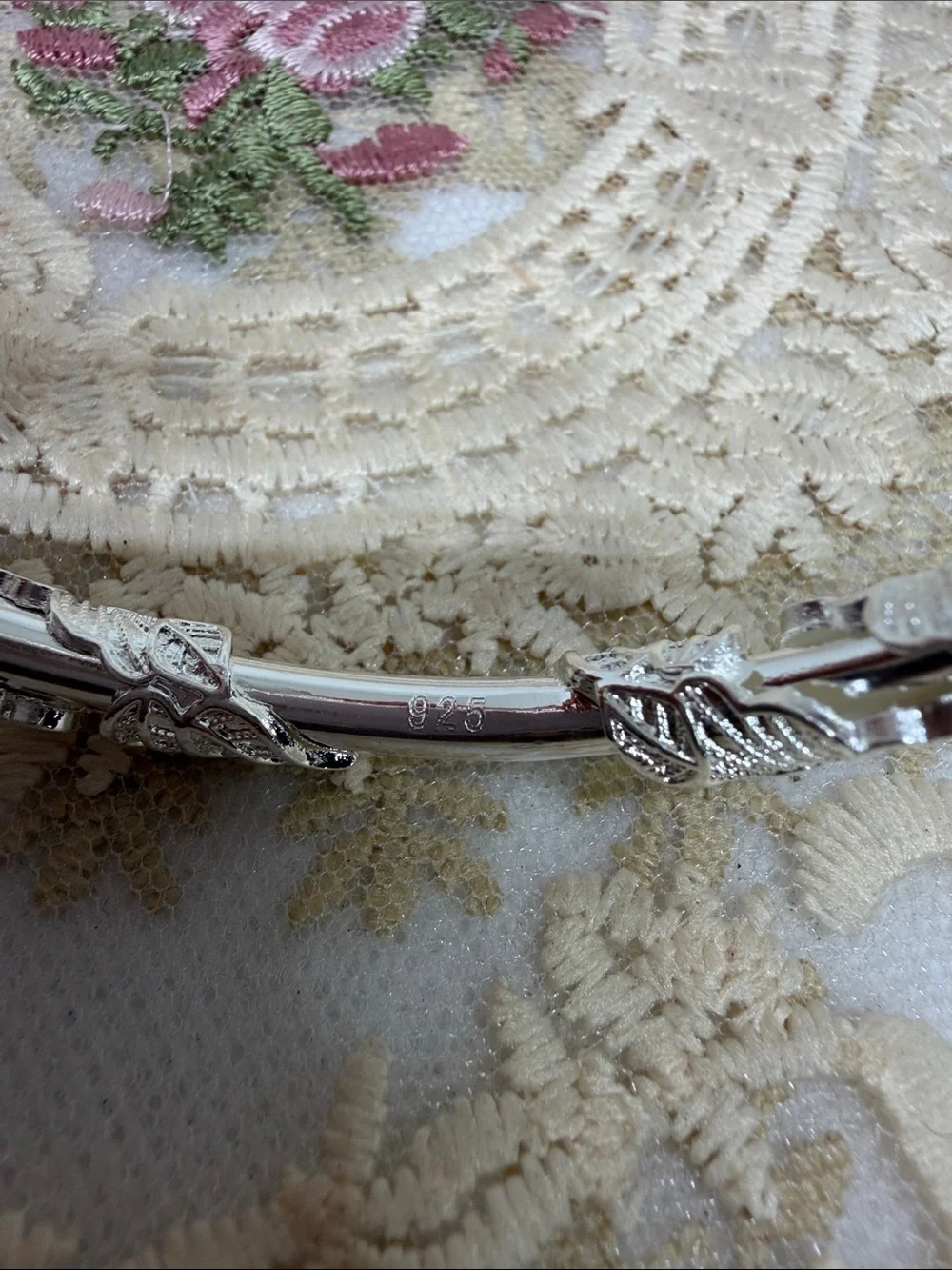 925 Sterling Silver Lace Leaf Adjustable Bangle Bracelet Heirloom French Market